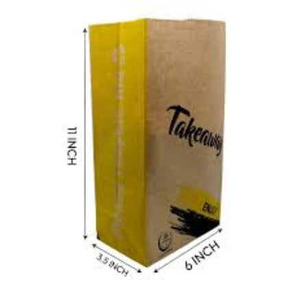 Takeout food bag with dimensions labeled on a white background
